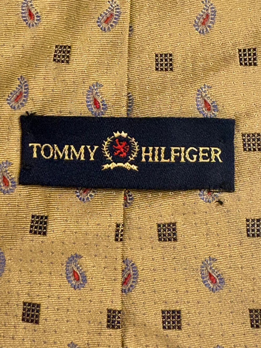 Vintage Tommy Hilfiger Silk Necktie Gold Yellow Paisley Pattern Crew Geometric